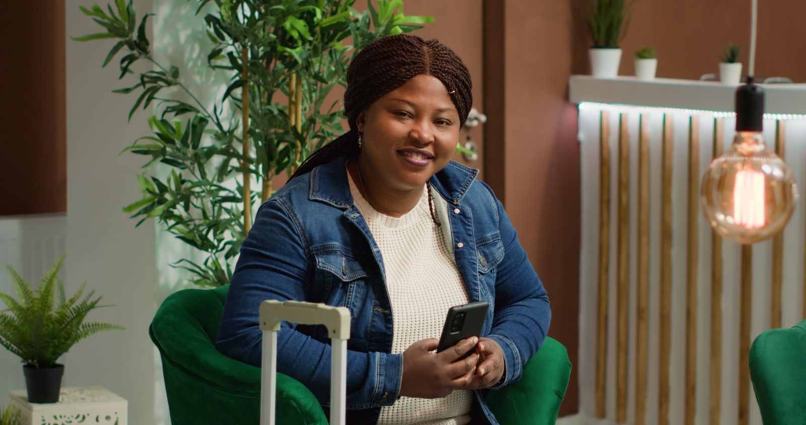 A woman checking her phone in a clinic lounge